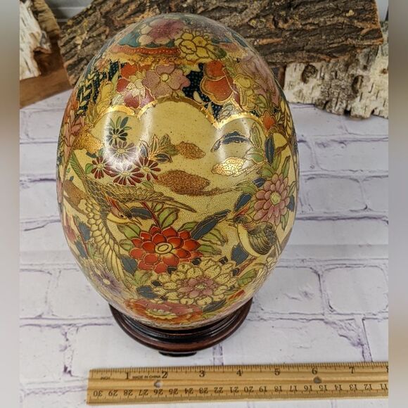 Vtg Asian Hand Painted 9" Tall Satsuma Style Egg with Stand - Picture 11 of 11